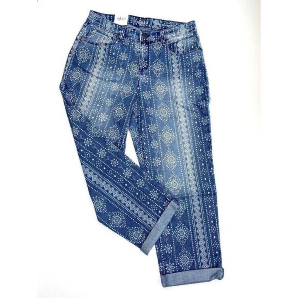 Style & Co Capri Cuffed Pattern Jeans 8 Medium Blue White NEW